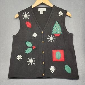 Croft & Barrow Sweater Vest Womens Petite Large Black Holiday Christmas Vintage